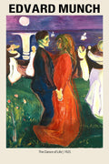 Edvard Munch's painting "The Dance of Life" featuring a man and woman in a red dress dancing under a purple night sky.