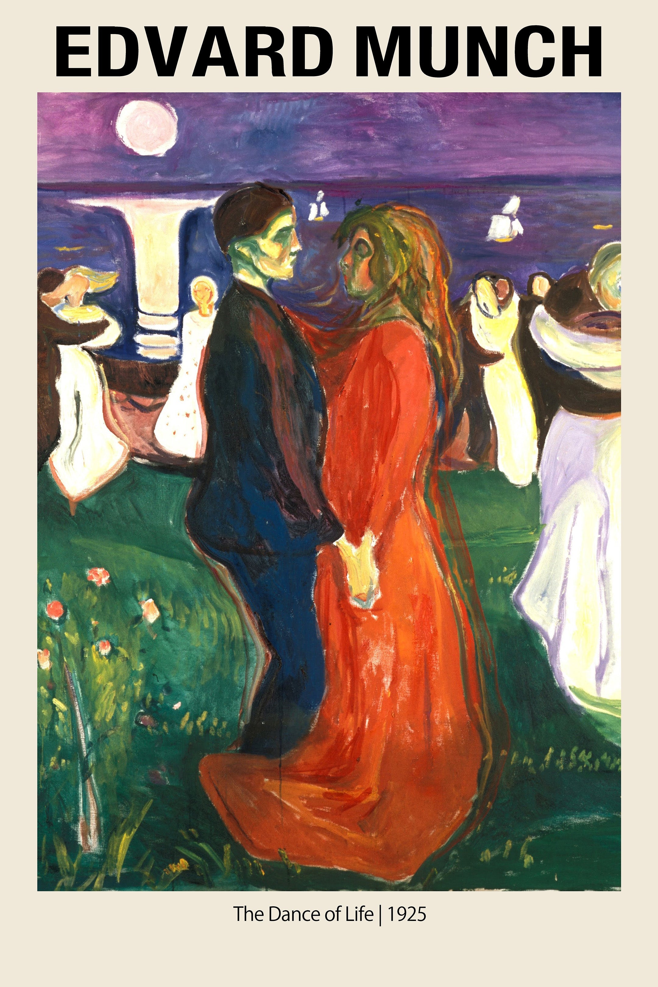 Edvard Munch's painting "The Dance of Life" featuring a man and woman in a red dress dancing under a purple night sky.