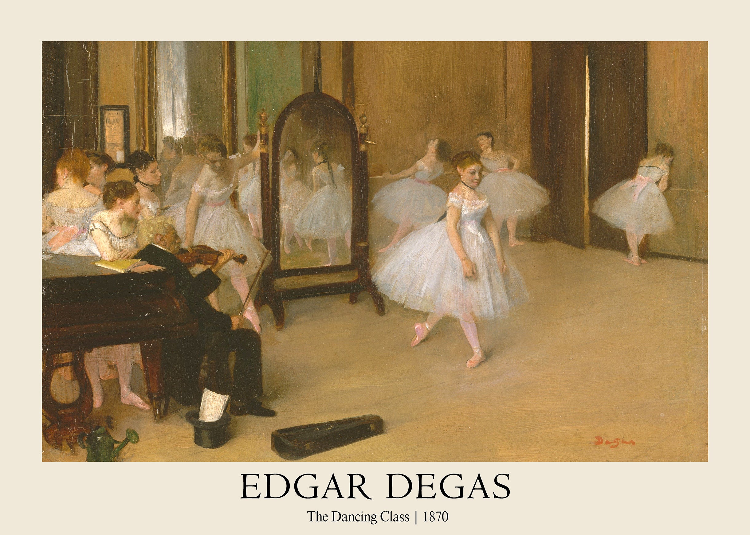 Edgar Degas 1870 oil painting depicting a group of ballerinas in white tutus practicing in a dance studio with a violinist and mirror.
