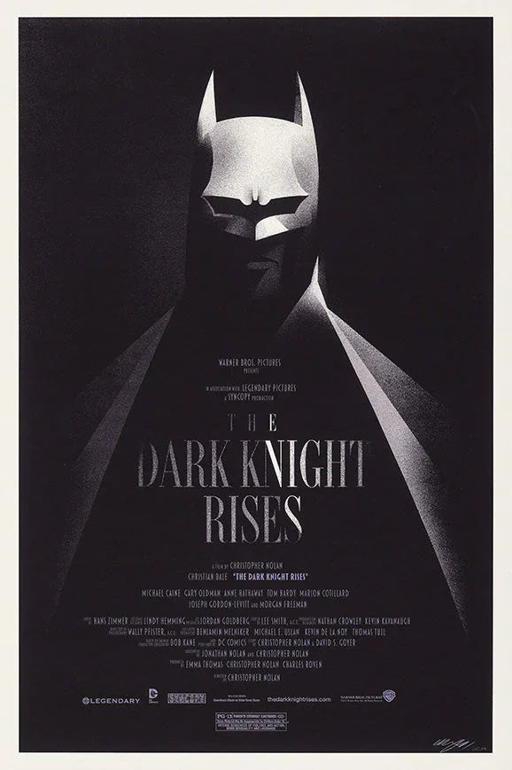 Minimalist black and white Batman poster for The Dark Knight Rises showing Batman's silhouette with film credits