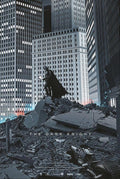 Batman standing on rubble in a destroyed cityscape with tall buildings around, Dark Knight poster
