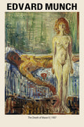 Expressionist oil painting by Edvard Munch showing a nude woman standing over the body of a man lying in a bed with vivid yellow, red, and green brushstrokes.