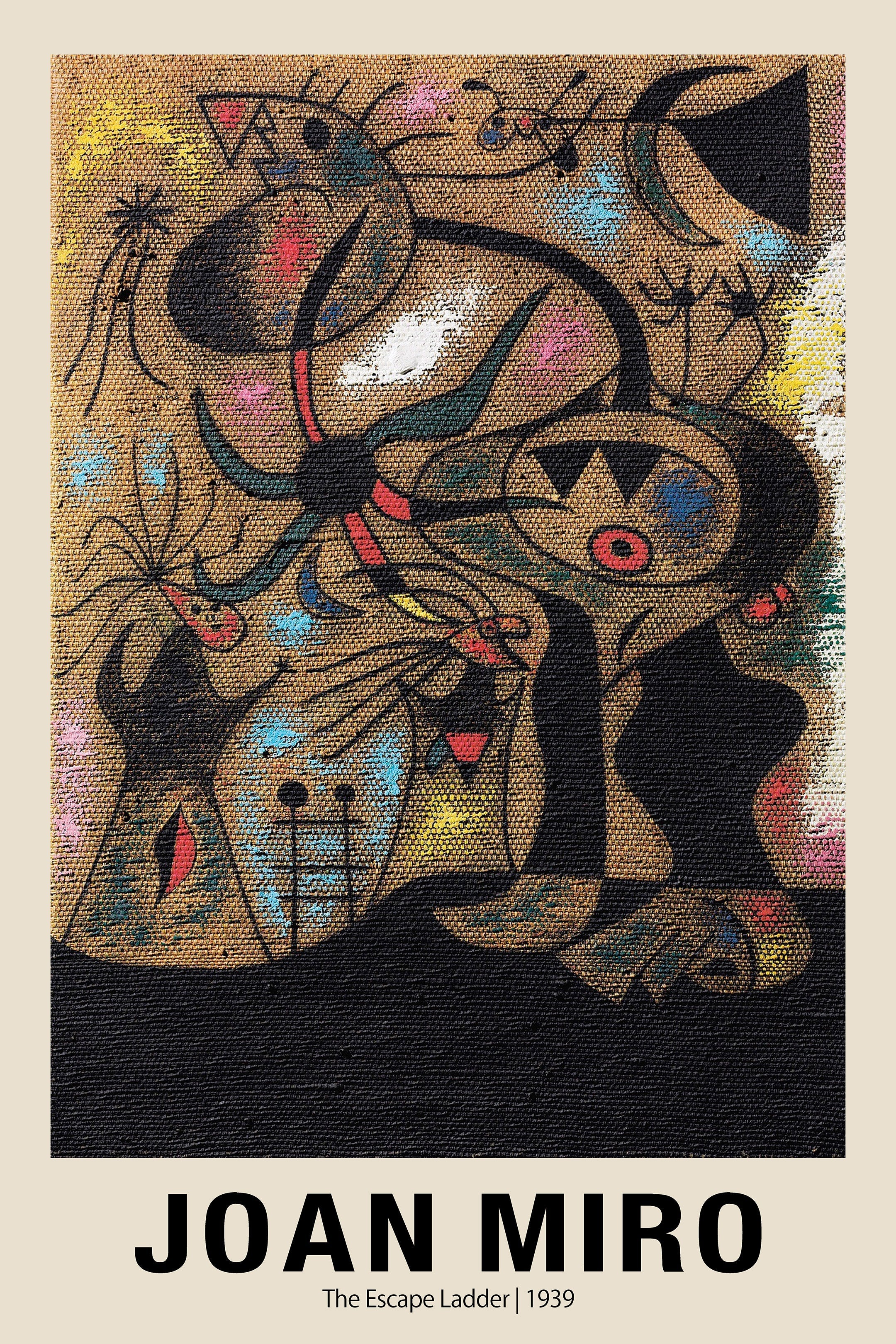Abstract painting by Joan Miró, "The Escape Ladder," featuring black biomorphic figures, red and blue dots, and green shapes over a textured brown canvas background from 1939.