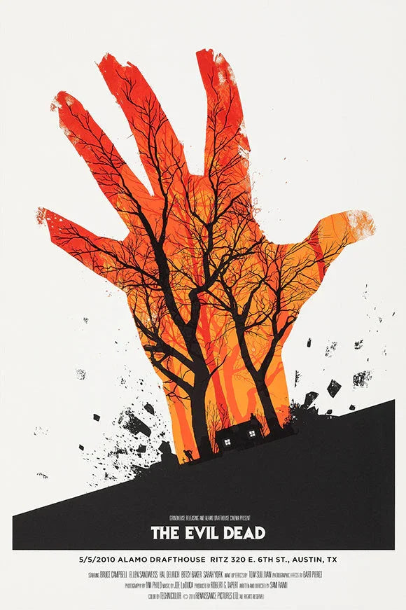 The Evil Dead poster with a large red-orange hand silhouette filled with black tree branches and a small house at the base