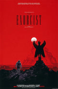 The Exorcist movie poster with a man walking towards a winged statue under a bright moon on red background