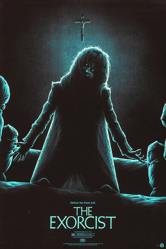 The Exorcist movie poster featuring a glowing demonic figure under a crucifix with dark, eerie lighting