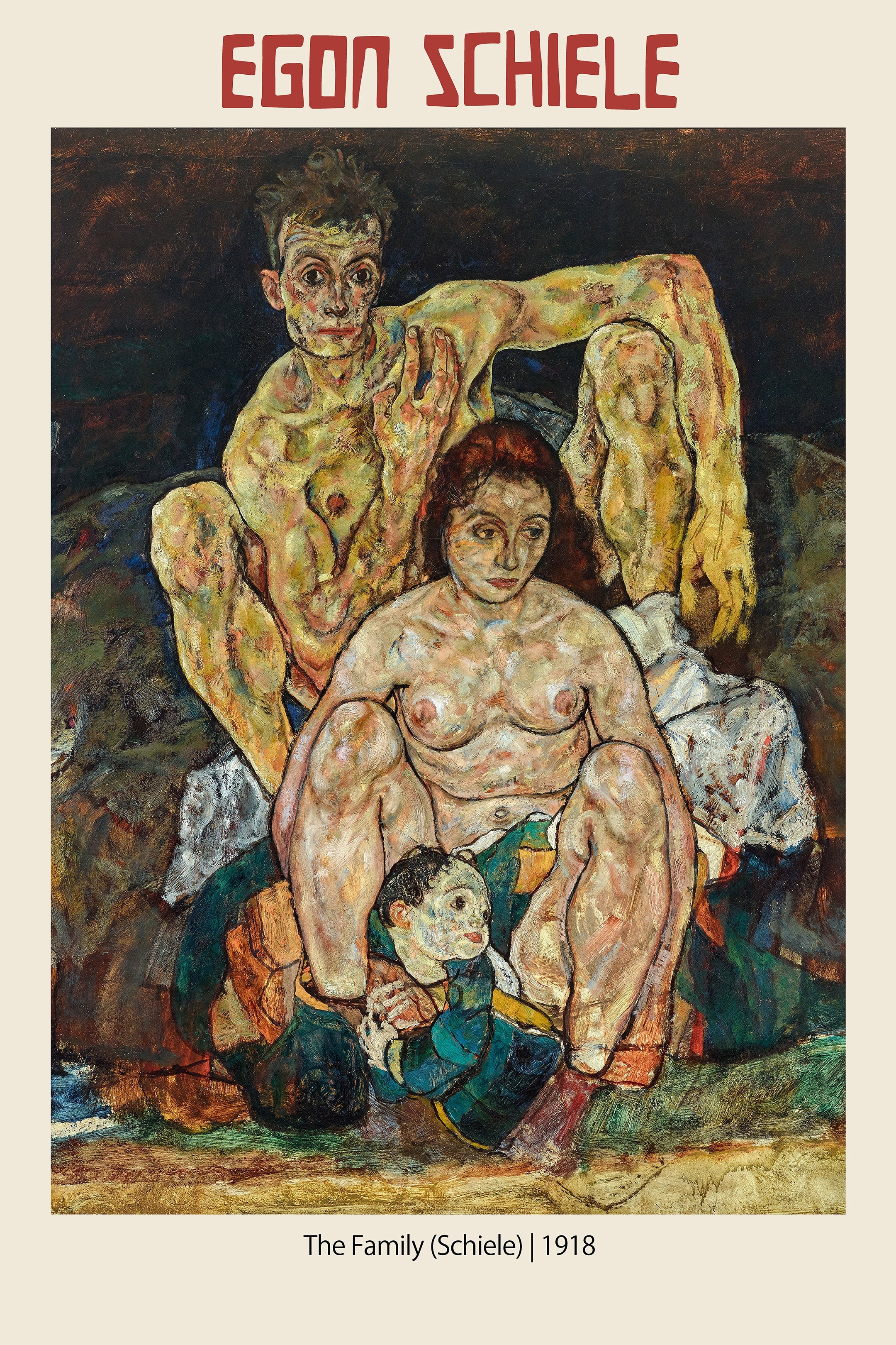 Egon Schiele's Expressionist painting, The Family (1918), showing stylized nude figures of a man, woman, and child in dark, earthy colors.