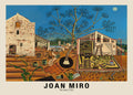 Detailed reproduction of Joan Miró's 1922 oil painting "The Farm," featuring a cubist Spanish farmhouse, giant corn stalk, dog, goat, and bright blue sky.