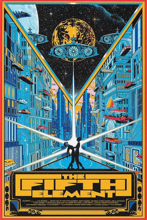 Futuristic cityscape with flying cars, two silhouetted figures, and planets in space in Kilian Eng's The Fifth Element art