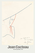 Jean Cocteau's 1957 minimalist drawing, "The Fish Eyed Man," showing a profile portrait in blue and red colored pencil on a cream background.