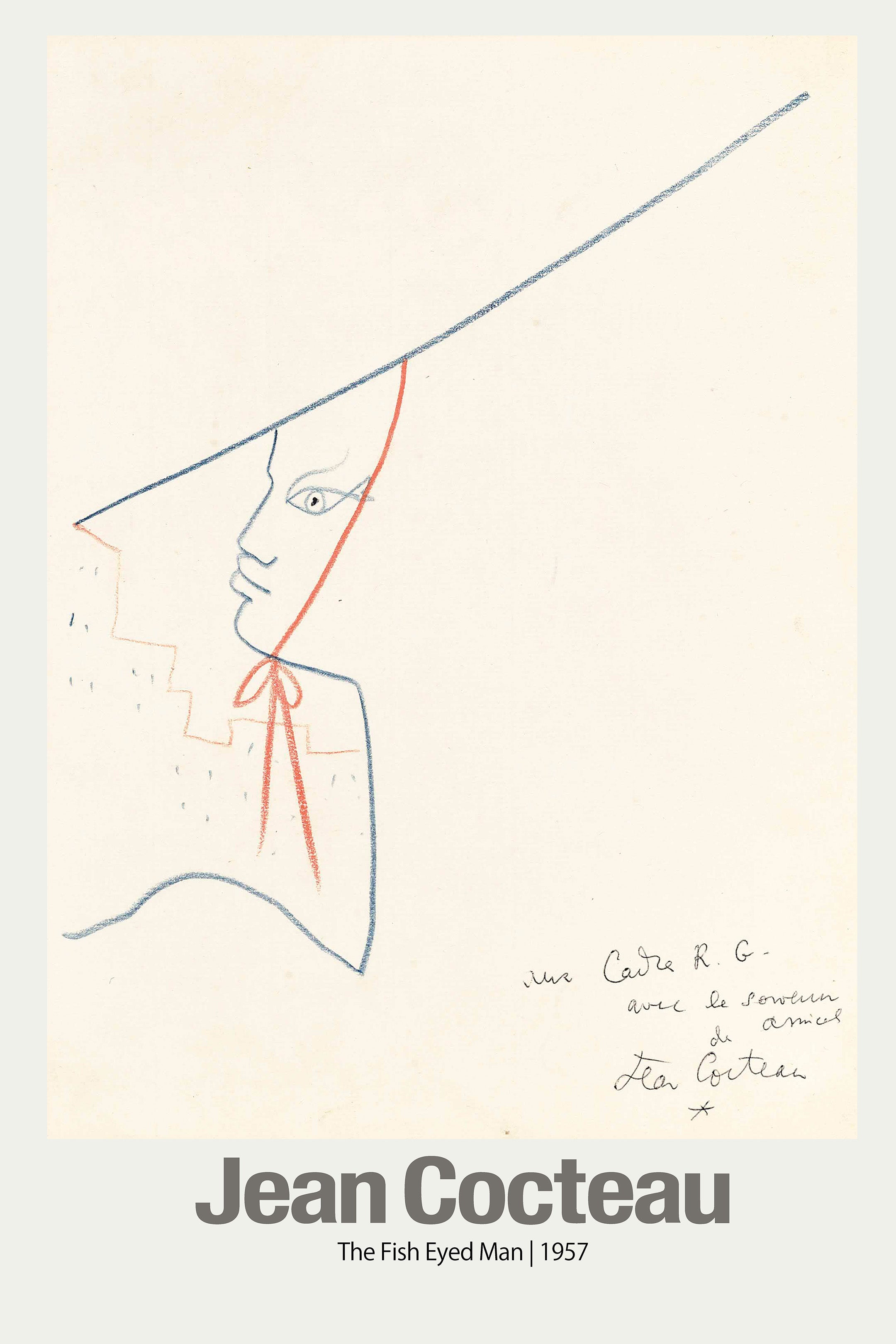 Jean Cocteau's 1957 minimalist drawing, "The Fish Eyed Man," showing a profile portrait in blue and red colored pencil on a cream background.