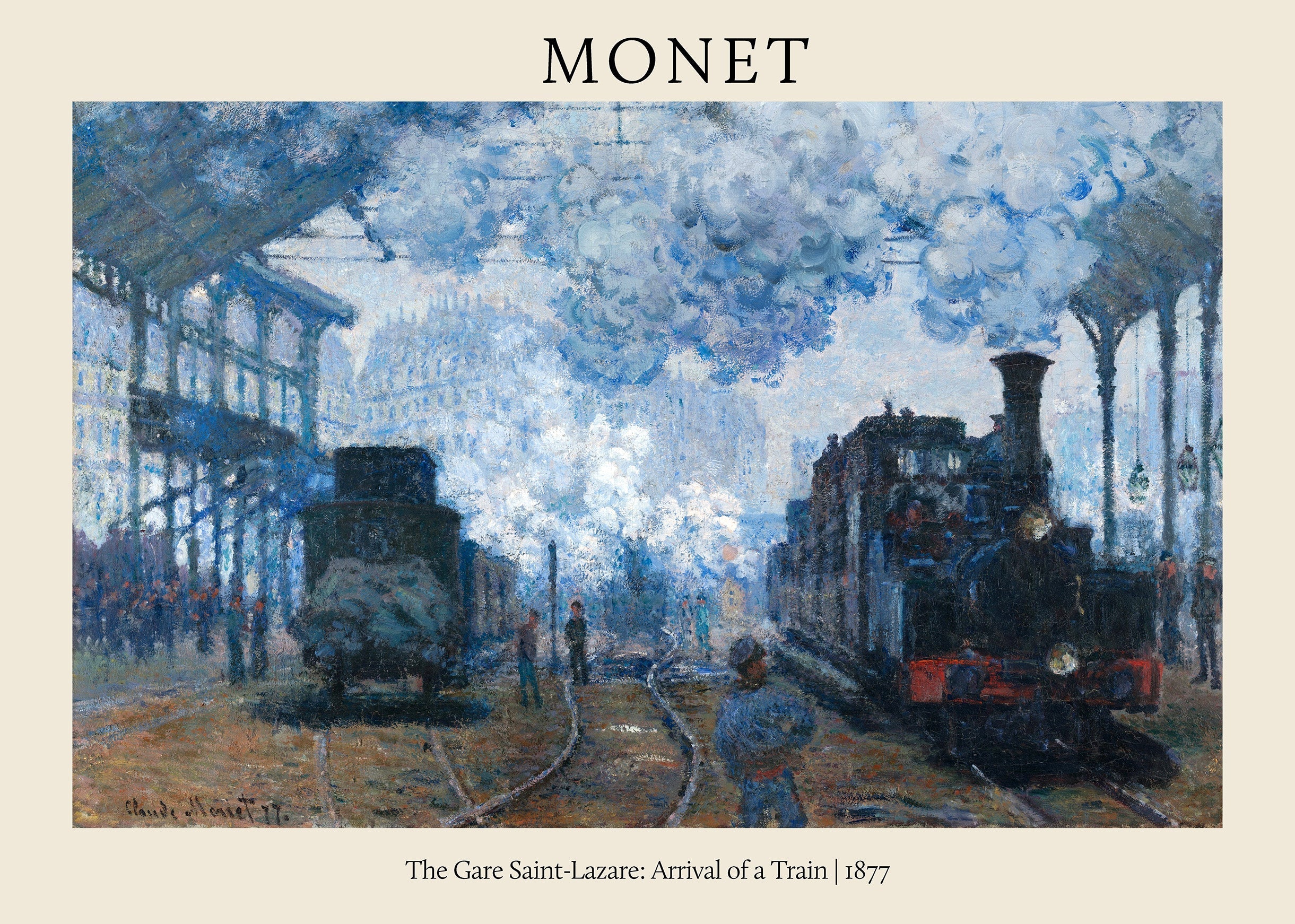 Oil painting by Claude Monet depicting a steam train billowing blue-white smoke under the arched roof of the Gare Saint-Lazare station in 1877.