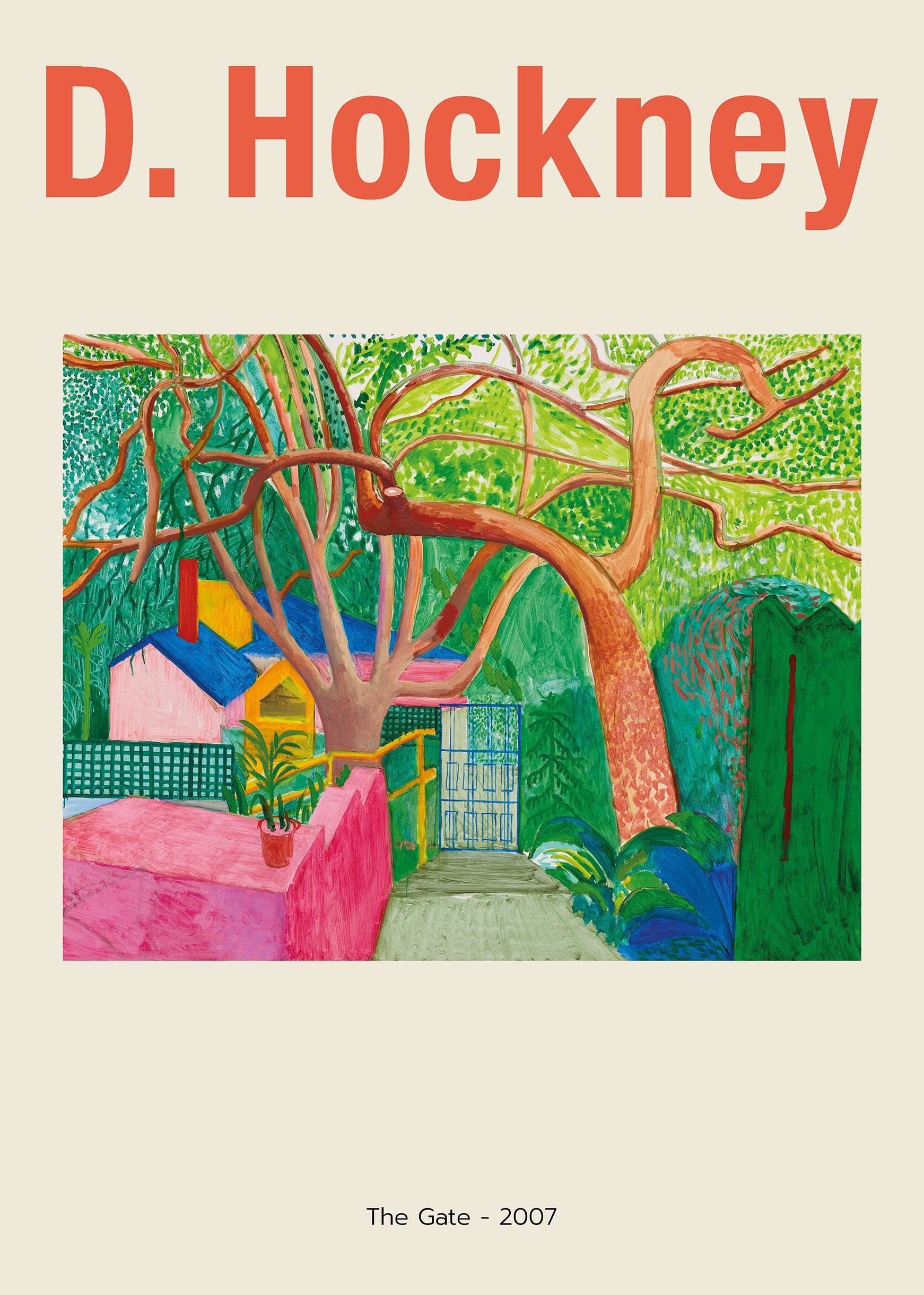 Reproduction of David Hockney's painting "The Gate" (2007), showing a vibrant garden scene with thick, winding red trees, a pink house, and bright green foliage.