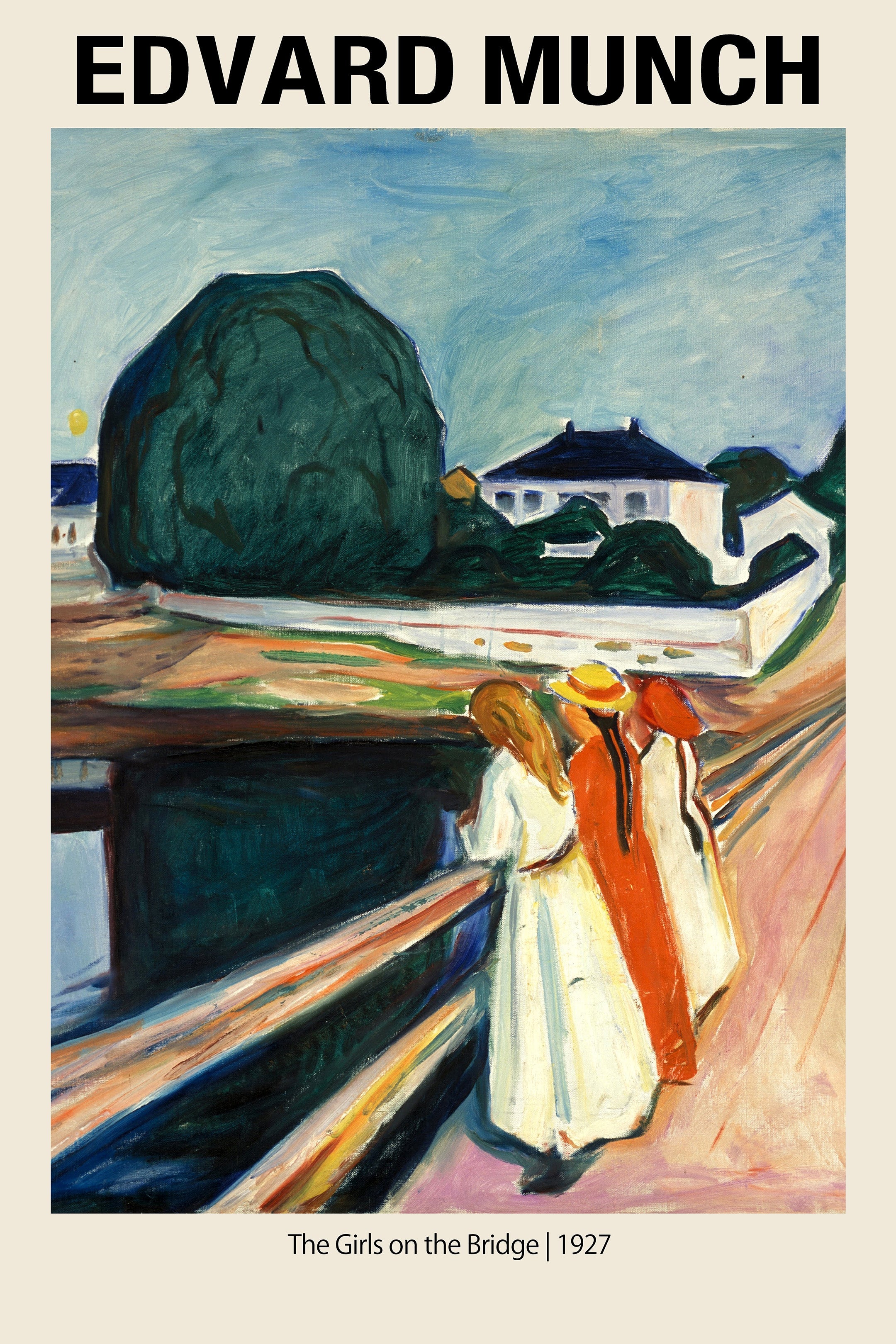 High-quality print reproduction of Edvard Munch’s 1927 painting showing three girls looking over a bridge railing, set against a dark tree and bright blue sky.