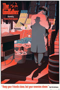 Stylized poster of The Godfather with a man in a hat and trench coat at a fruit market, casting a shadow