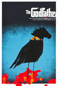 The Godfather movie poster with black crow and horse head silhouette over red blood splatter and blue background