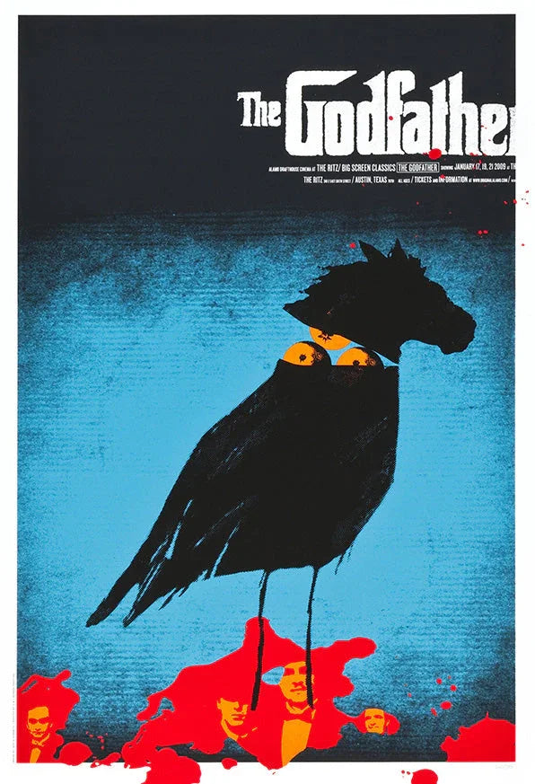 The Godfather movie poster with black crow and horse head silhouette over red blood splatter and blue background