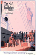 The Godfather Part II movie poster with immigrants on a ship deck approaching Statue of Liberty, vintage style