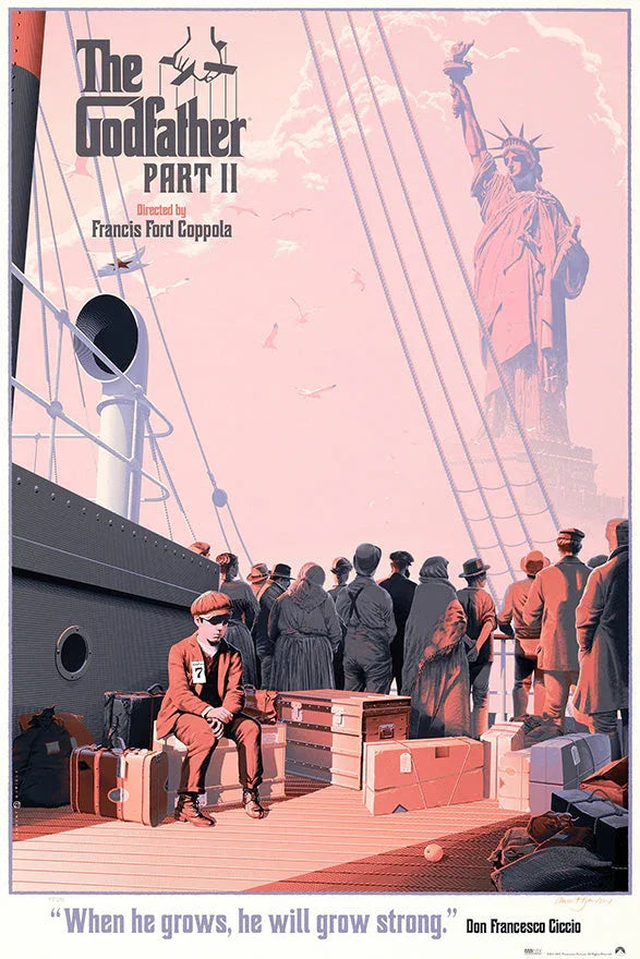 The Godfather Part II movie poster with immigrants on a ship deck approaching Statue of Liberty, vintage style