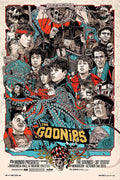 Illustrated poster for The Goonies featuring main characters, a pirate ship, octopus tentacles, skulls, and treasure map