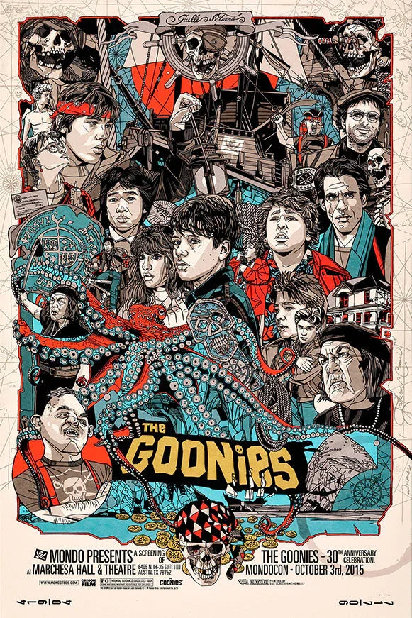 Illustrated poster for The Goonies featuring main characters, a pirate ship, octopus tentacles, skulls, and treasure map