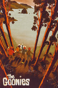 Illustrated poster of The Goonies with kids looking at a coastal map among tall trees at sunset