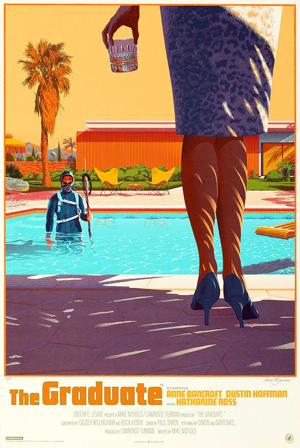 Iconic movie poster of The Graduate with woman holding a glass by pool and man in scuba gear in pool