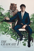 The Graduate movie poster featuring a man in a blue suit sitting on a chair with a glass, surrounded by large green plants and a leopard