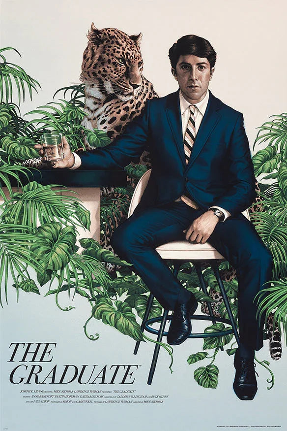 The Graduate movie poster featuring a man in a blue suit sitting on a chair with a glass, surrounded by large green plants and a leopard