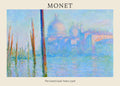 Claude Monet's "The Grand Canal, Venice" painting from 1908, showing blue misty light, orange wooden posts, and a domed cathedral silhouette.