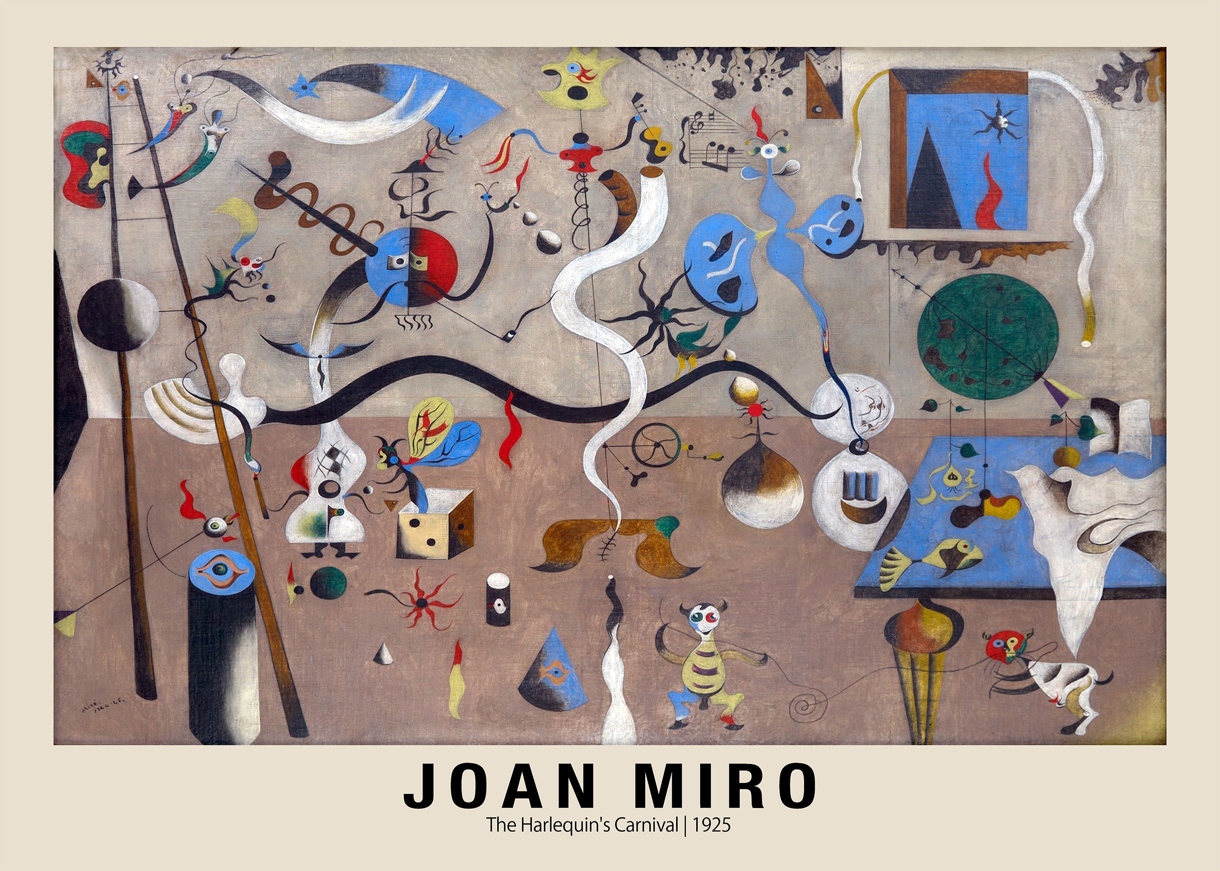 Joan Miró's 1925 oil painting, "The Harlequin's Carnival," featuring whimsical, biomorphic surrealist figures and objects against a brown background.
