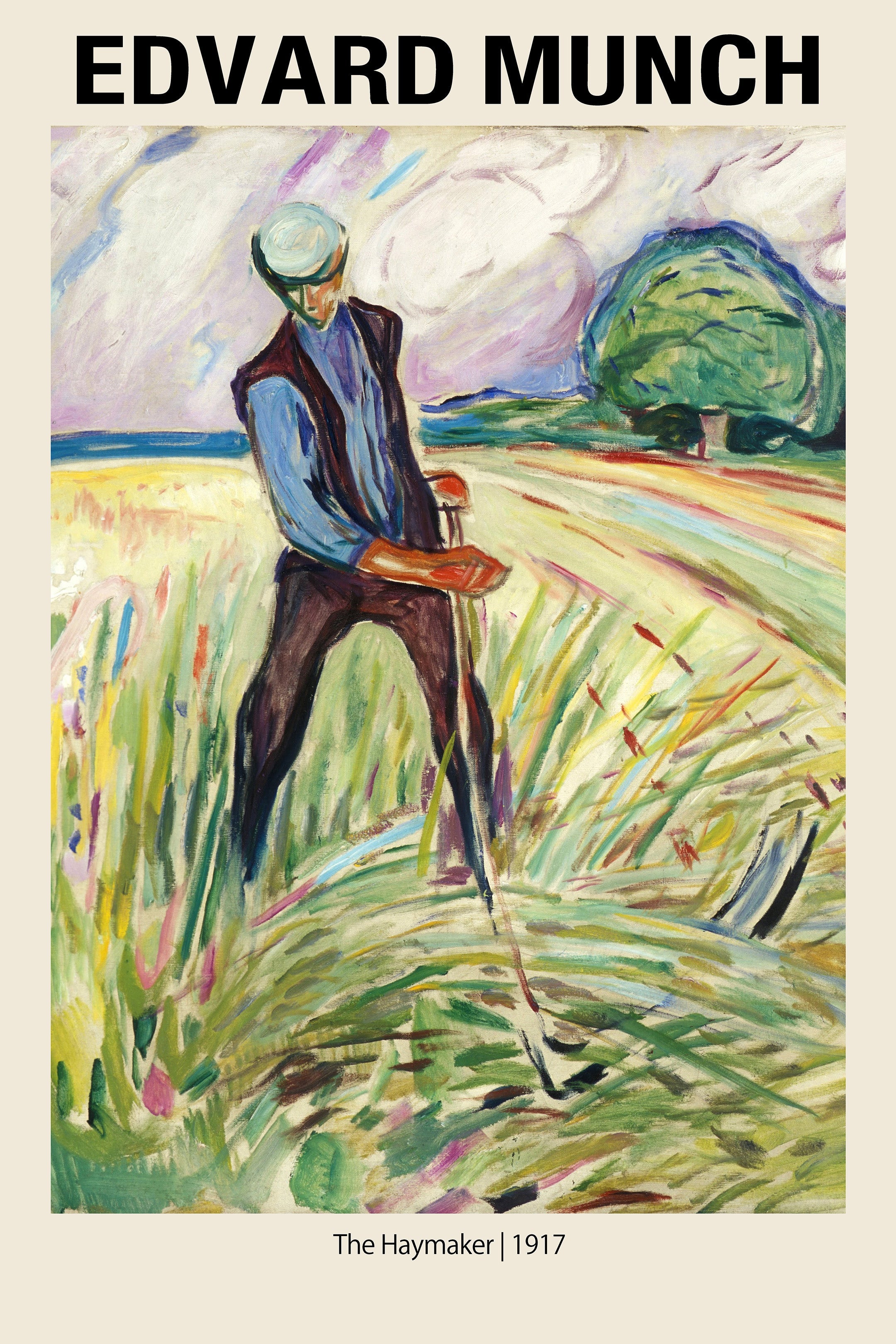 Edvard Munch's "The Haymaker" painting (1917), depicting a laborer in a brightly colored field using thick, expressive brushstrokes.
