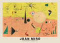 Joan Miró's 1924 painting "The Hunter" showing abstract biomorphic forms, geometric shapes, and a stark black insect figure on a yellow and peach background.