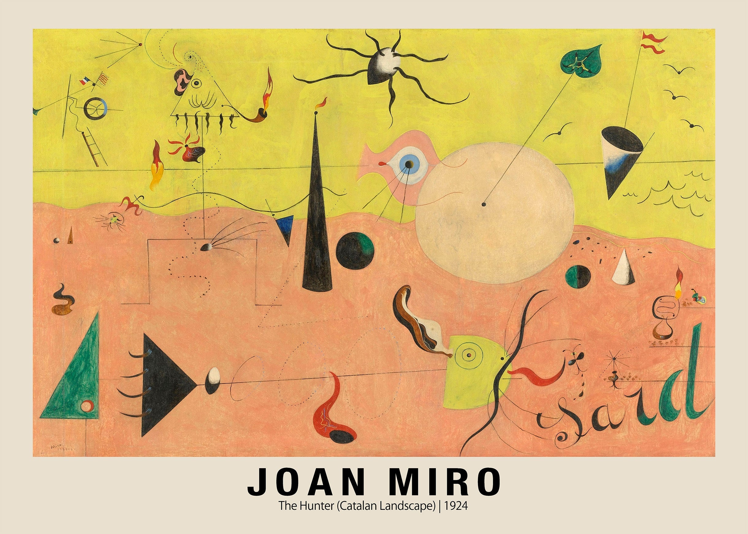 Joan Miró's 1924 painting "The Hunter" showing abstract biomorphic forms, geometric shapes, and a stark black insect figure on a yellow and peach background.