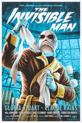 Vintage movie poster for The Invisible Man featuring a bandaged man in a robe and sunglasses
