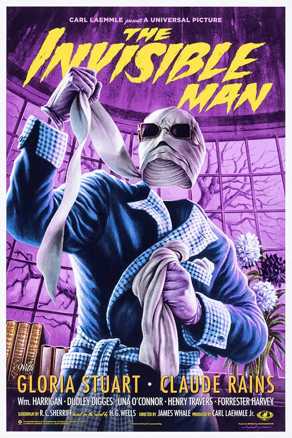 Vintage movie poster for The Invisible Man showing a bandaged man in sunglasses and a robe holding cloths in a purple room with window and flowers