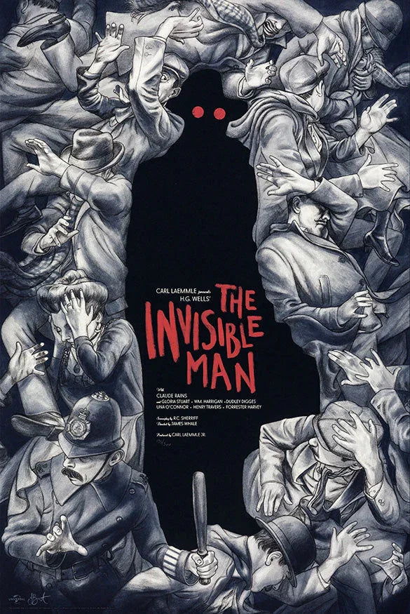 Black silhouette with red eyes of The Invisible Man surrounded by frightened people in vintage clothing and police uniforms