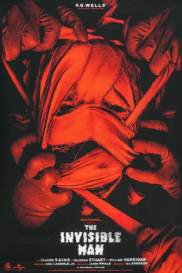 Vintage horror movie poster for H.G. Wells' The Invisible Man showing red-gloved hands unwrapping a bound figure