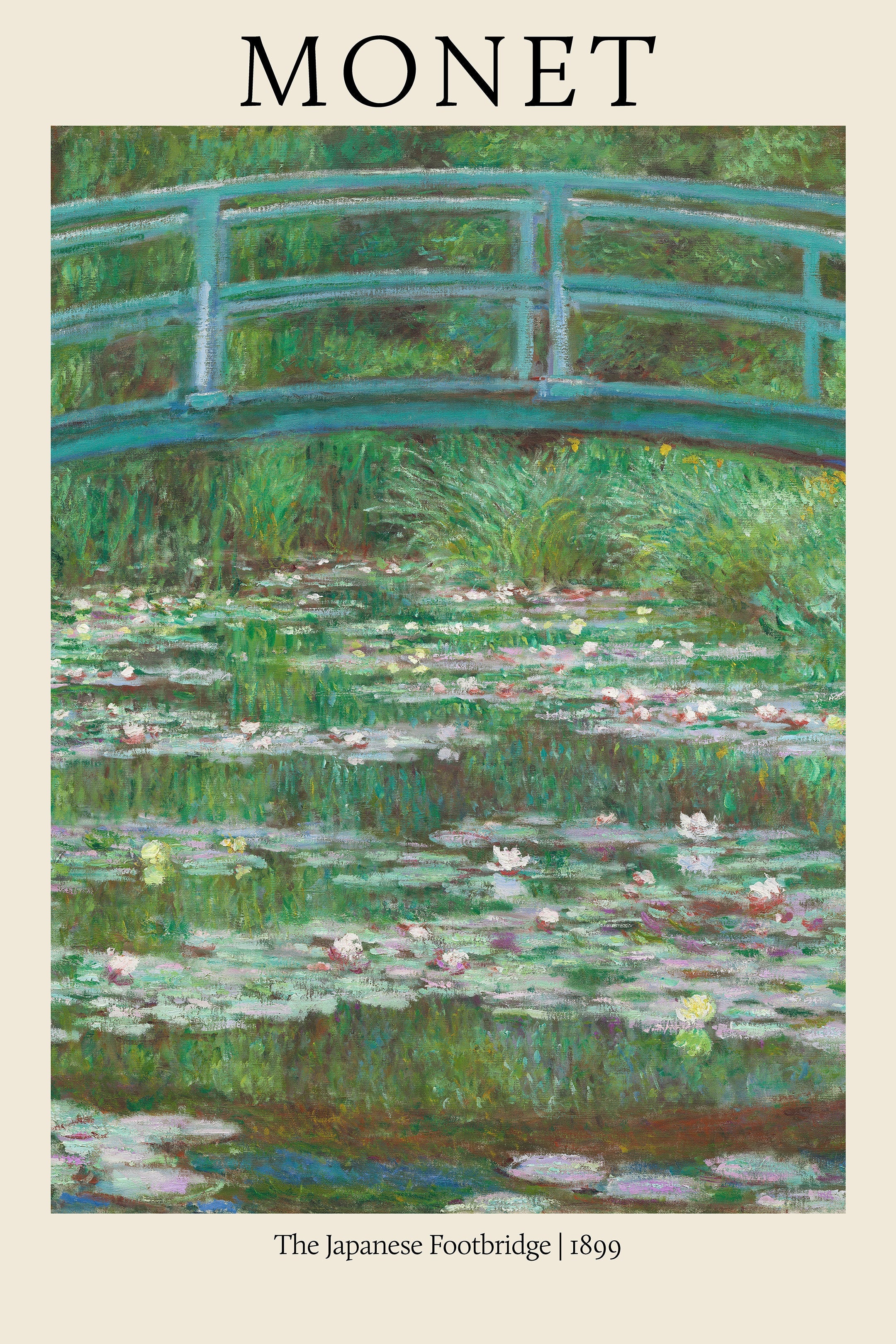 Famous Claude Monet painting, The Japanese Footbridge (1899), showing a green bridge over a pond of white water lilies.