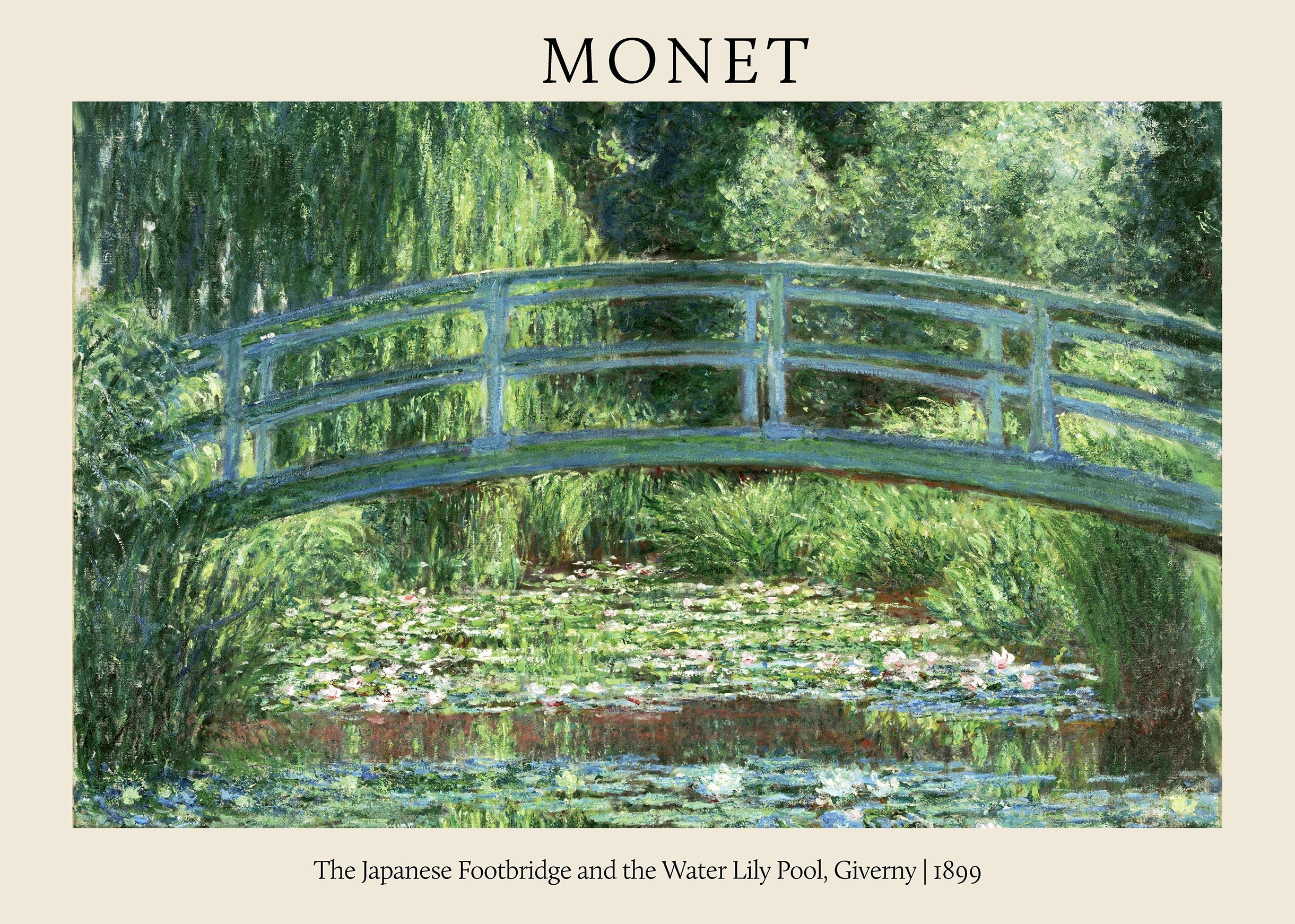 Claude Monet painting of The Japanese Footbridge over the Giverny water lily pond, featuring lush green Impressionist foliage and reflections.