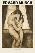 Edvard Munch's "The Kiss" (1895) sepia etching showing two faceless figures embracing in front of a window. A dark, expressionistic drawing.