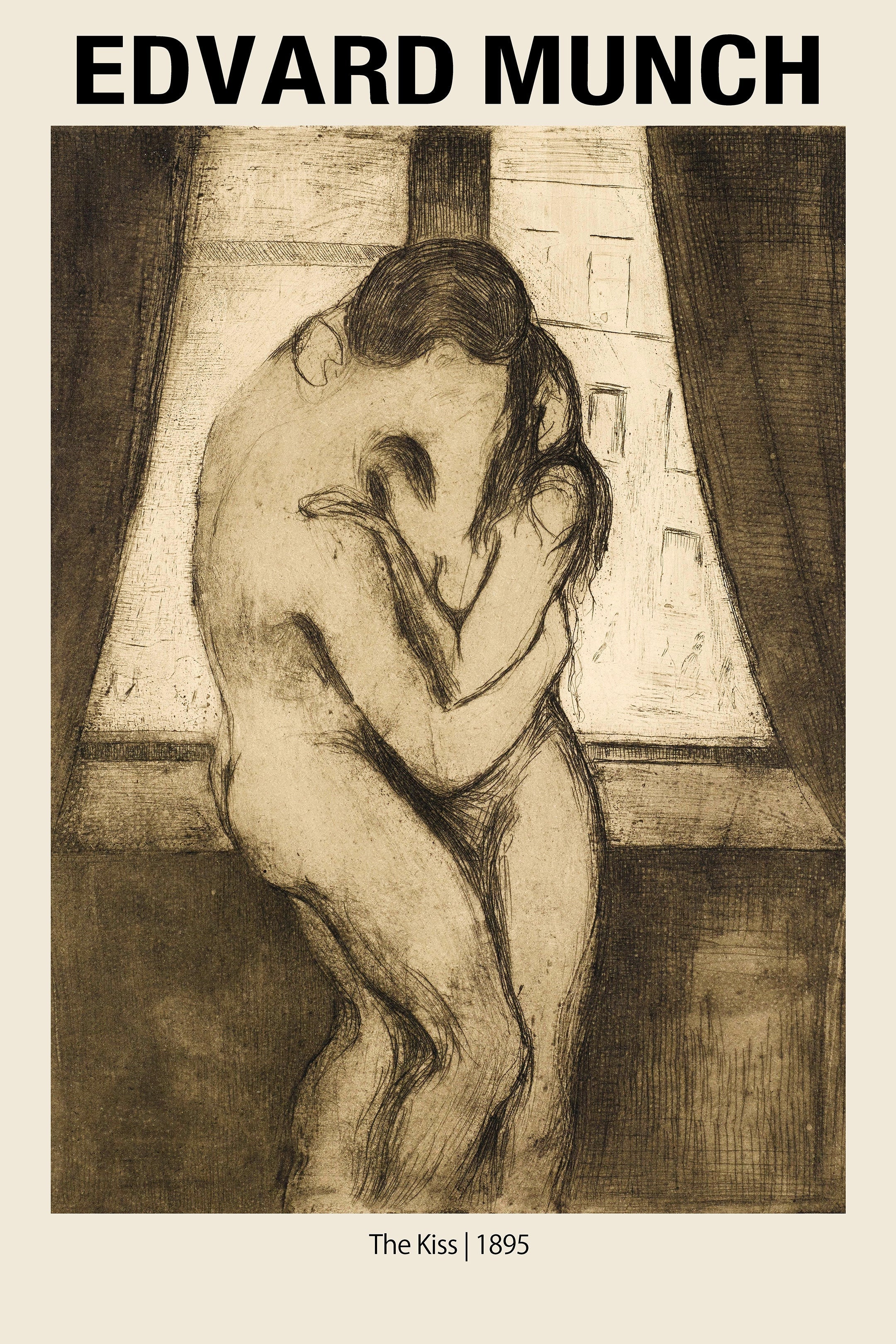 Edvard Munch's "The Kiss" (1895) sepia etching showing two faceless figures embracing in front of a window. A dark, expressionistic drawing.