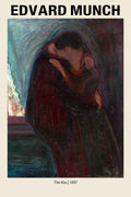 Iconic Edvard Munch painting, "The Kiss" (1897), showing two figures in a deep, dark red and blue emotional Expressionist embrace.