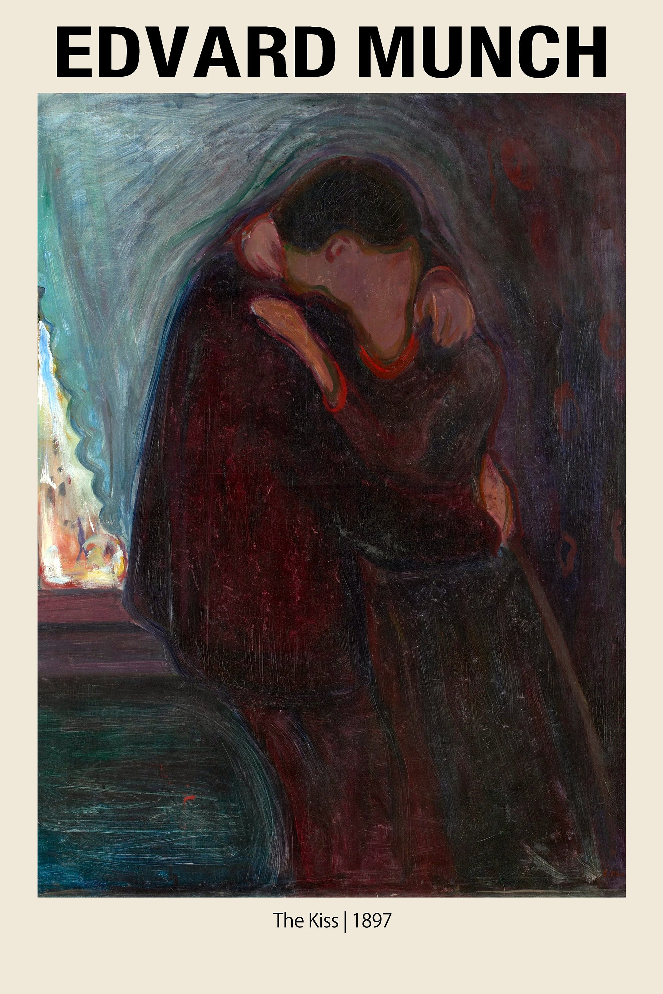 Iconic Edvard Munch painting, "The Kiss" (1897), showing two figures in a deep, dark red and blue emotional Expressionist embrace.