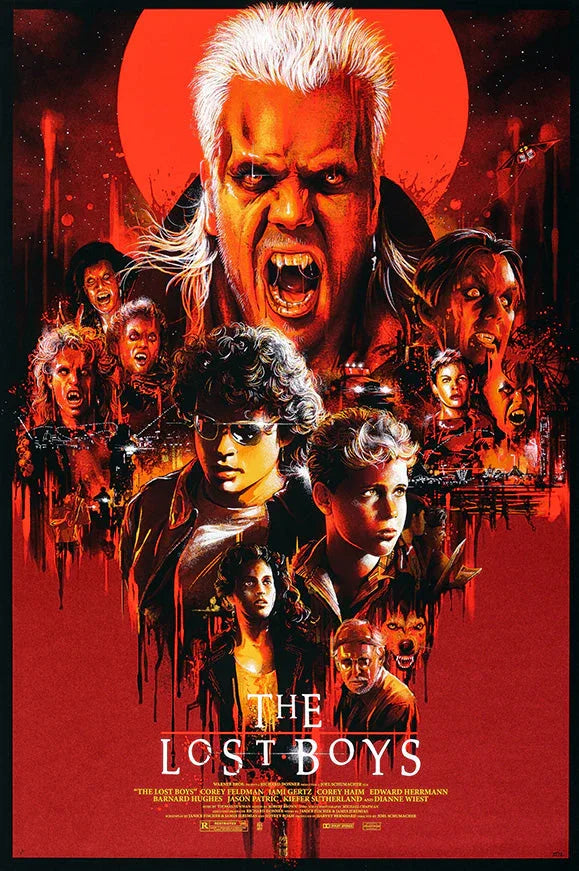 The Lost Boys movie poster featuring vampire characters with fangs and dramatic red background