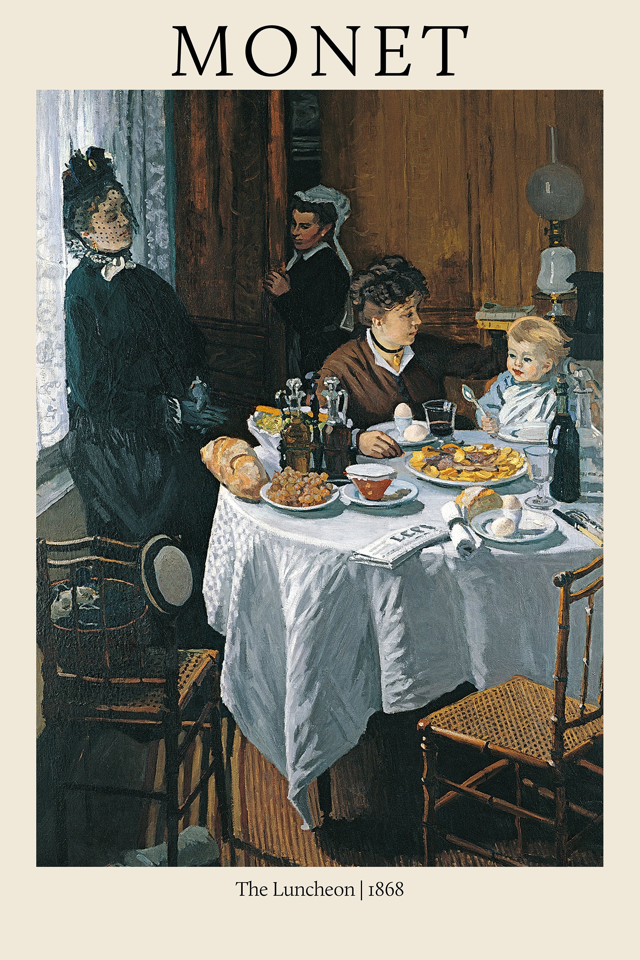 Early Claude Monet oil painting, "The Luncheon," showing his wife Camille, son Jean, and others around a table set for breakfast in a dark, richly detailed interior.