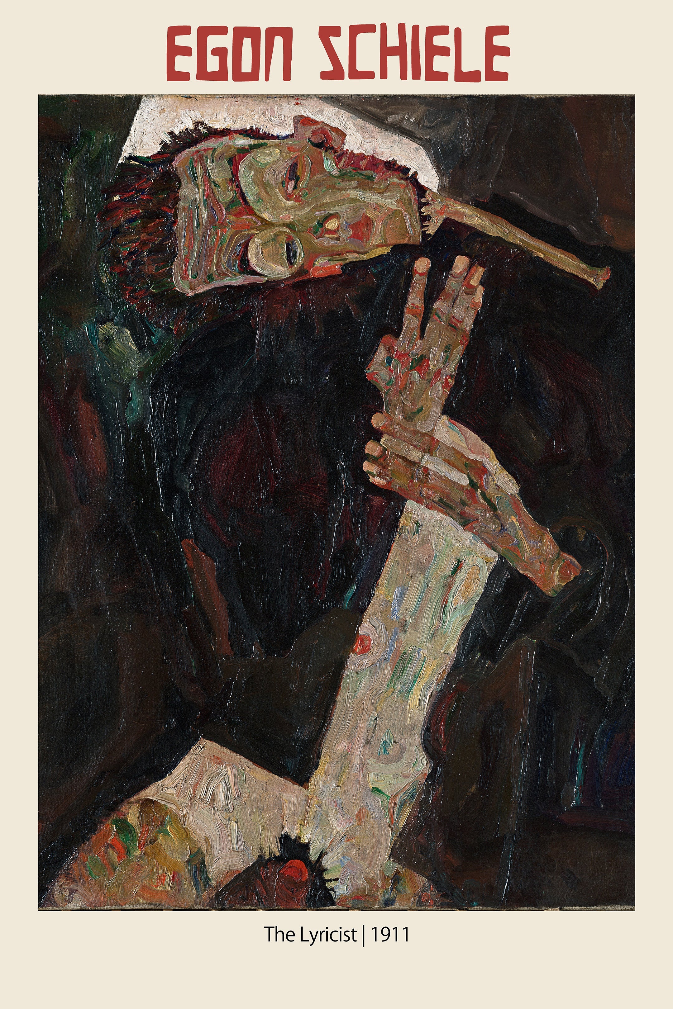 Oil painting reproduction by Egon Schiele, "The Lyricist" (1911), featuring a dark, distorted figure making a V-sign with their hand, characteristic of Austrian Expressionism art.