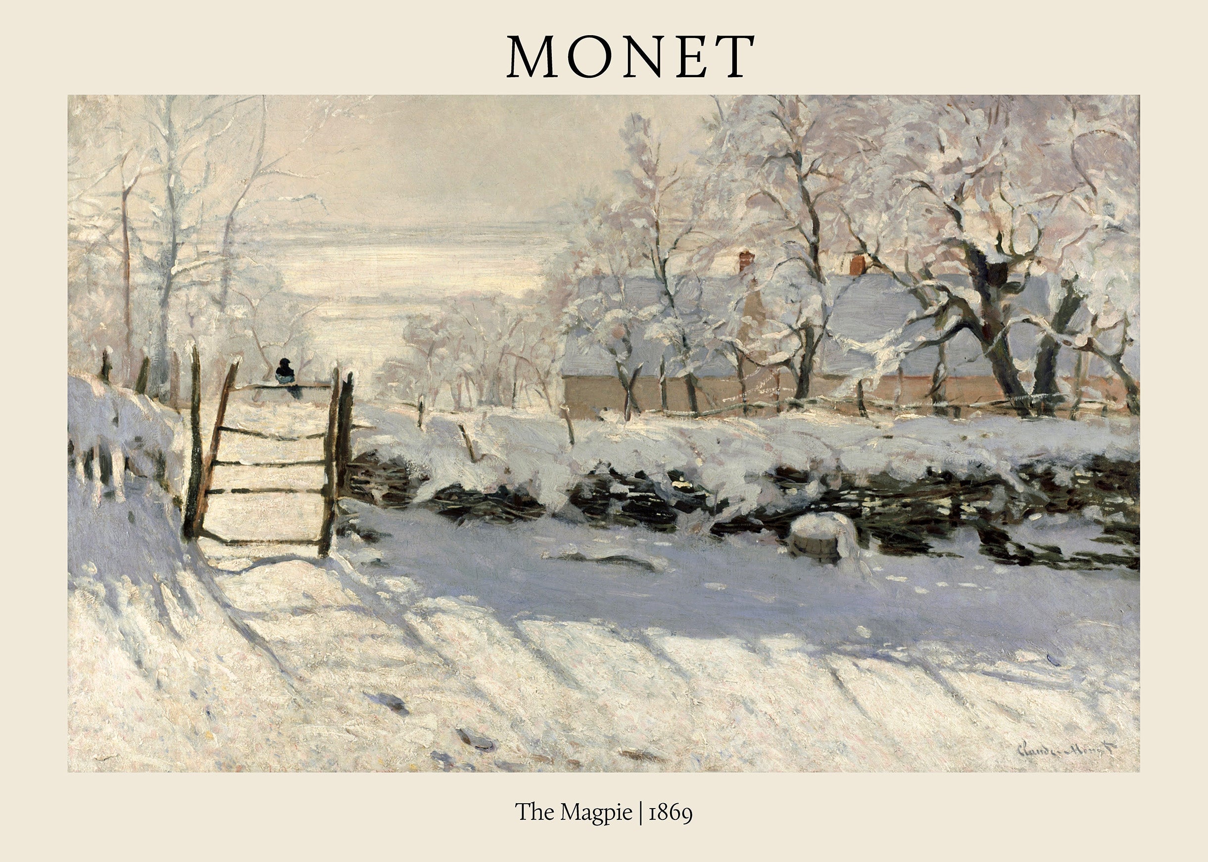 Classic oil painting by Claude Monet titled "The Magpie," depicting a solitary bird on a wooden fence in a soft, snowy winter landscape.