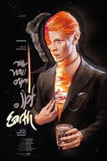 The Man Who Fell to Earth movie poster with David Bowie, striking orange hair and sunset landscape inside silhouette