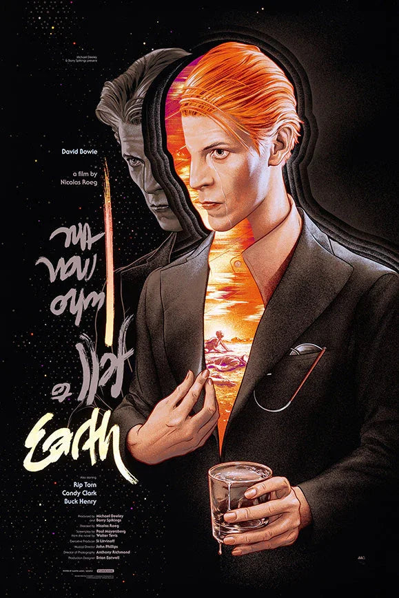 The Man Who Fell to Earth movie poster with David Bowie, striking orange hair and sunset landscape inside silhouette